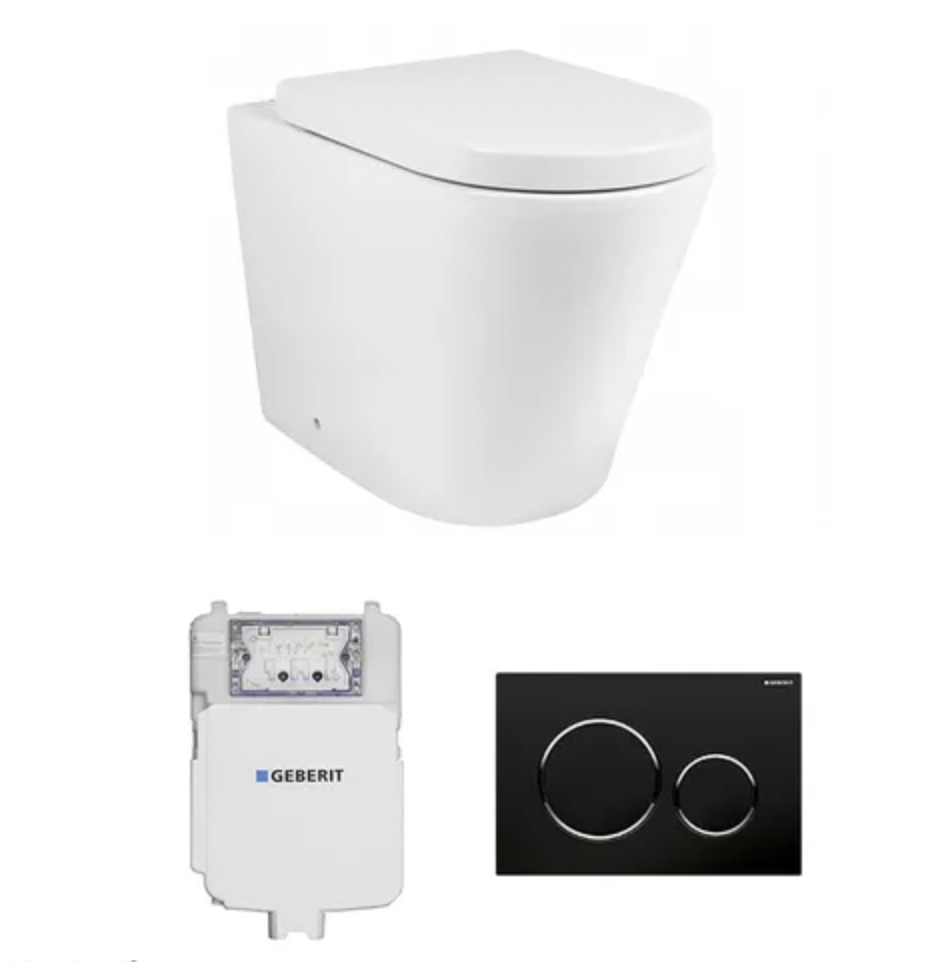 A matte white Alzano floor mount pan with Geberit inwall cistern set, including a concealed cistern and dual flush buttons.
