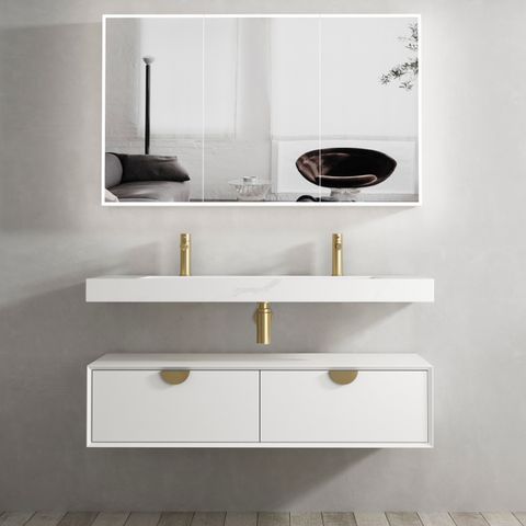 Polyurethane White Wall Hung Vanity Cabinet 1200mm with Gold Handles