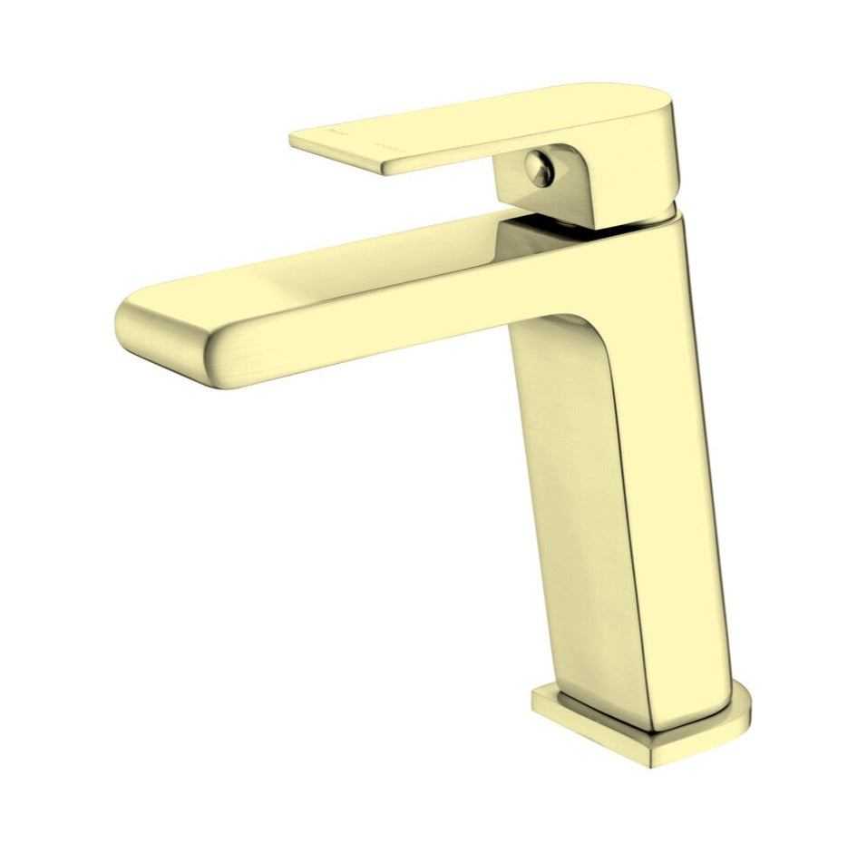 A brushed gold basin mixer tap with a sleek design, part of the Nero Bianca collection.