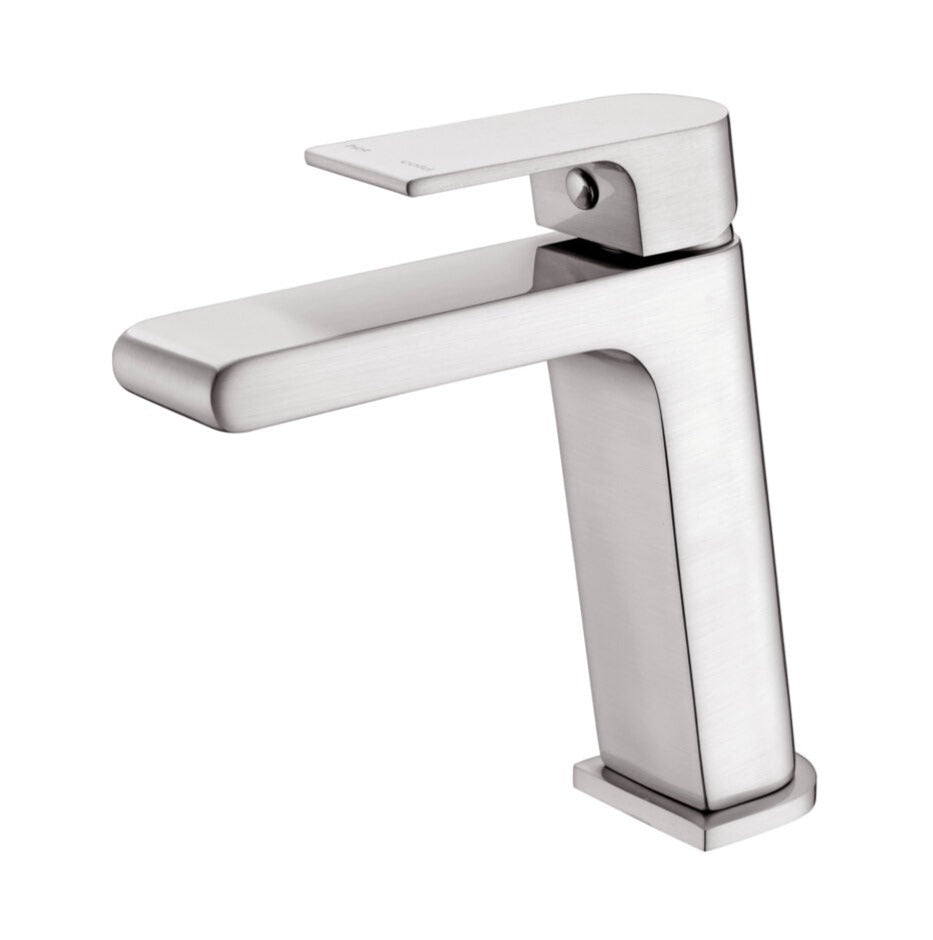 A brushed nickel basin mixer tap with a sleek, contemporary design.