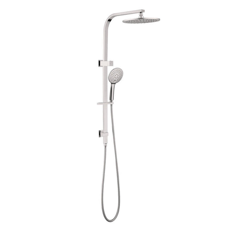 A brushed nickel combination shower with a silver-colored round hand held head, shower hose, and a round shaped overhead shower head on a rail.