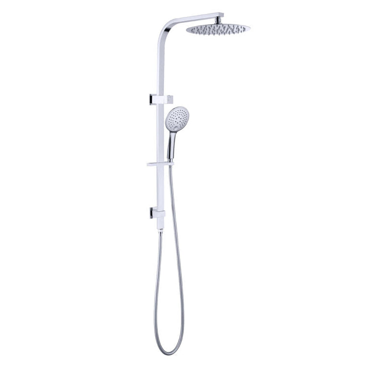 A combination shower with a round overhead shower head and a handheld shower head, both in chrome finish.
