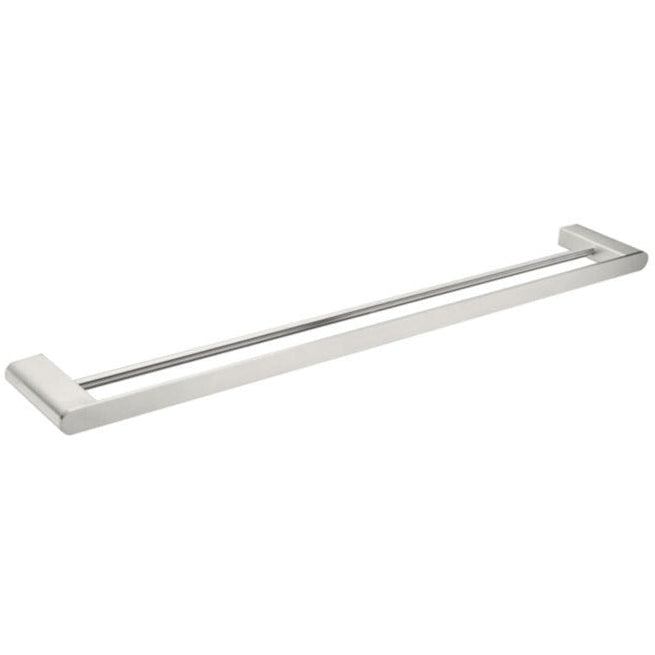 A brushed nickel soft square with round centre bar double towel rail with a sleek, contemporary design, 800mm in length.