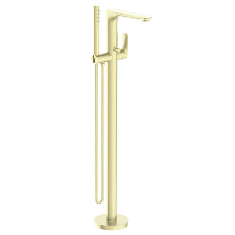 A brushed gold freestanding bath filler with a hand shower, featuring a sleek design suitable for spa-like bathrooms.