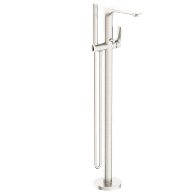 A brushed nickel freestanding bath filler with a hand shower, featuring a sleek modern design.