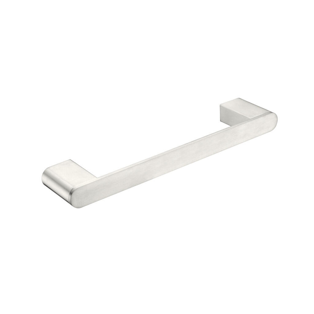 A brushed nickel hand towel rail with a sleek, contemporary design.