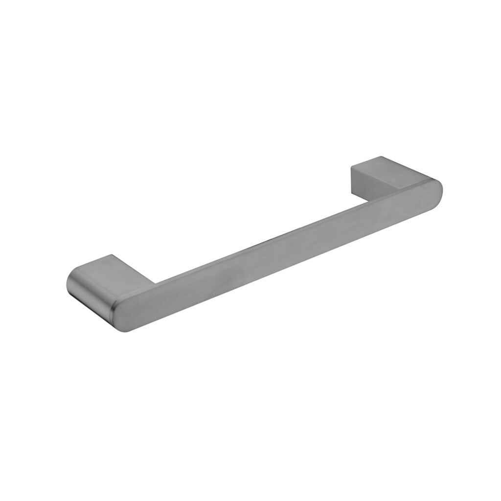 A gun metal hand towel rail with a sleek, contemporary design.