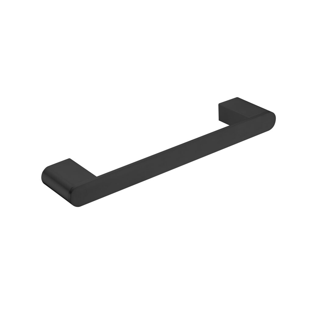 A Matte Black hand towel rail with a sleek, contemporary design.