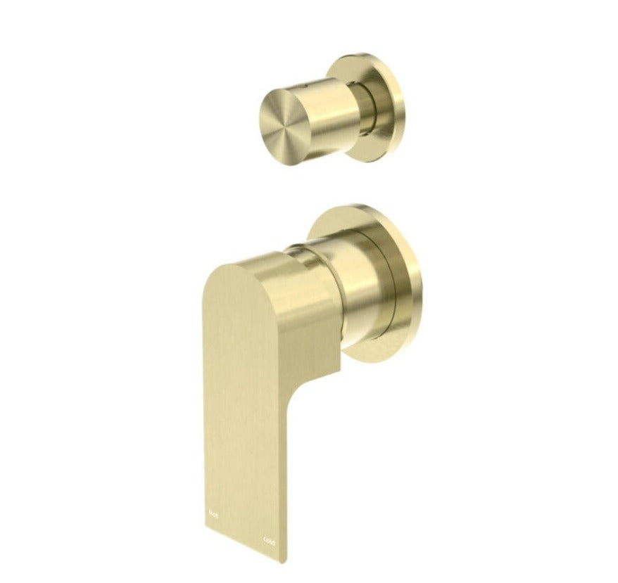 Brushed gold shower mixer with diverter, featuring a modern design with a sleek, curved paddle handle