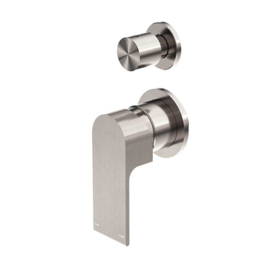 Brushed Nickel shower mixer with diverter, presented in two pieces, showing the mixer body and the diverter.