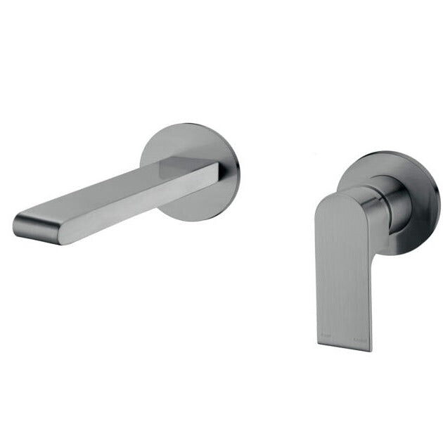 A set of gun metal wall basin mixer taps with a simple, modern design, including a spout and a lever mixer handle.