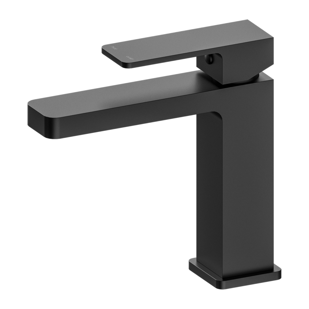 A matte black basin mixer tap with a bold, elegant design, part of the Nero Celia range.