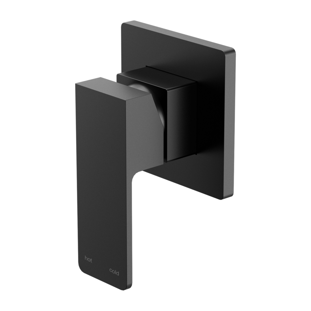 A matte black Nero Celia shower mixer with a bold design, part of a coordinated product range for a harmonious bathroom setup.