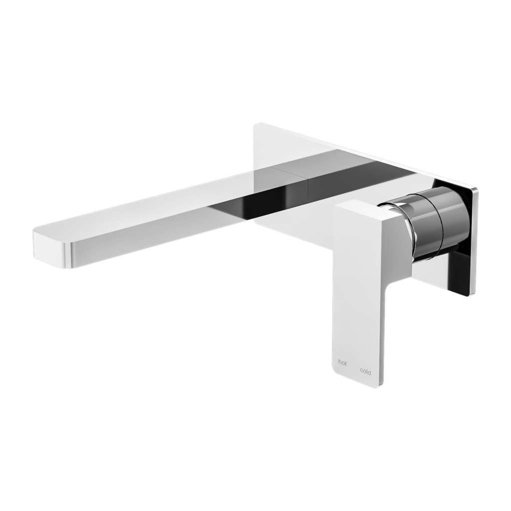 A wall-mounted basin mixer set with a chrome finish, featuring a single lever on a square-shaped design.