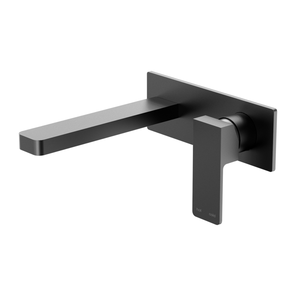 A matte black wall-mounted basin mixer set with a simplistic square bold modern design.