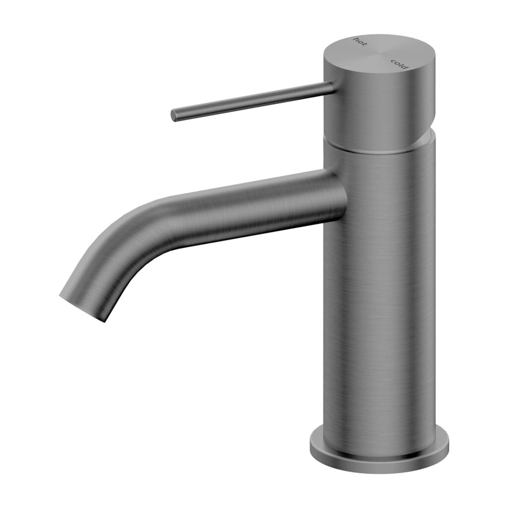A gun metal basin mixer tap with a minimalist design, part of the Nero Mecca range.