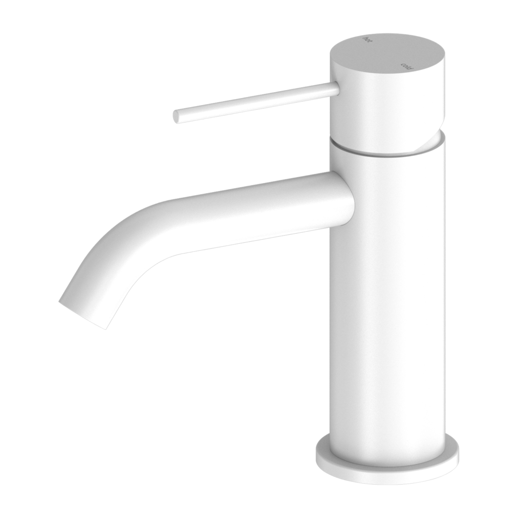 A matte white basin mixer tap with a minimalist design, part of the Nero Mecca range.