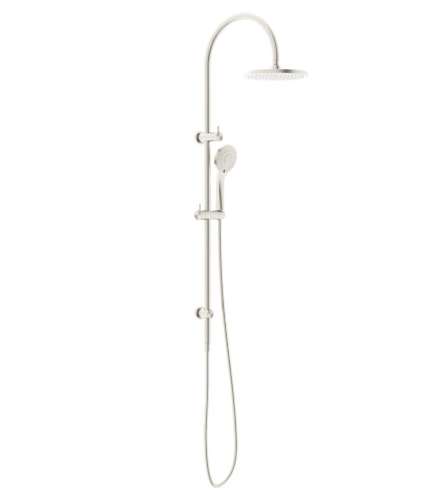 Combination shower with a sleek design featuring a large overhead shower and a smaller handheld spray, both with a brushed nickel finish.