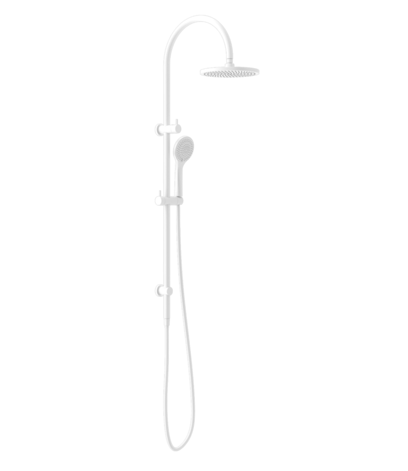 A combination shower with a minimalist design, featuring a single overhead shower and a handheld showerhead, both in a sleek matte white finish.