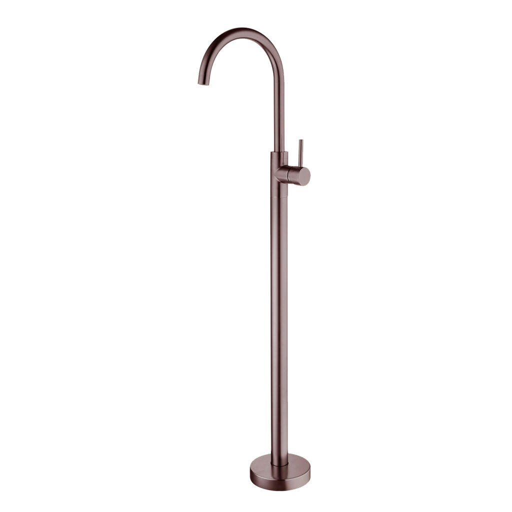 A brushed bronze freestanding bath filler with a sleek, modern design.