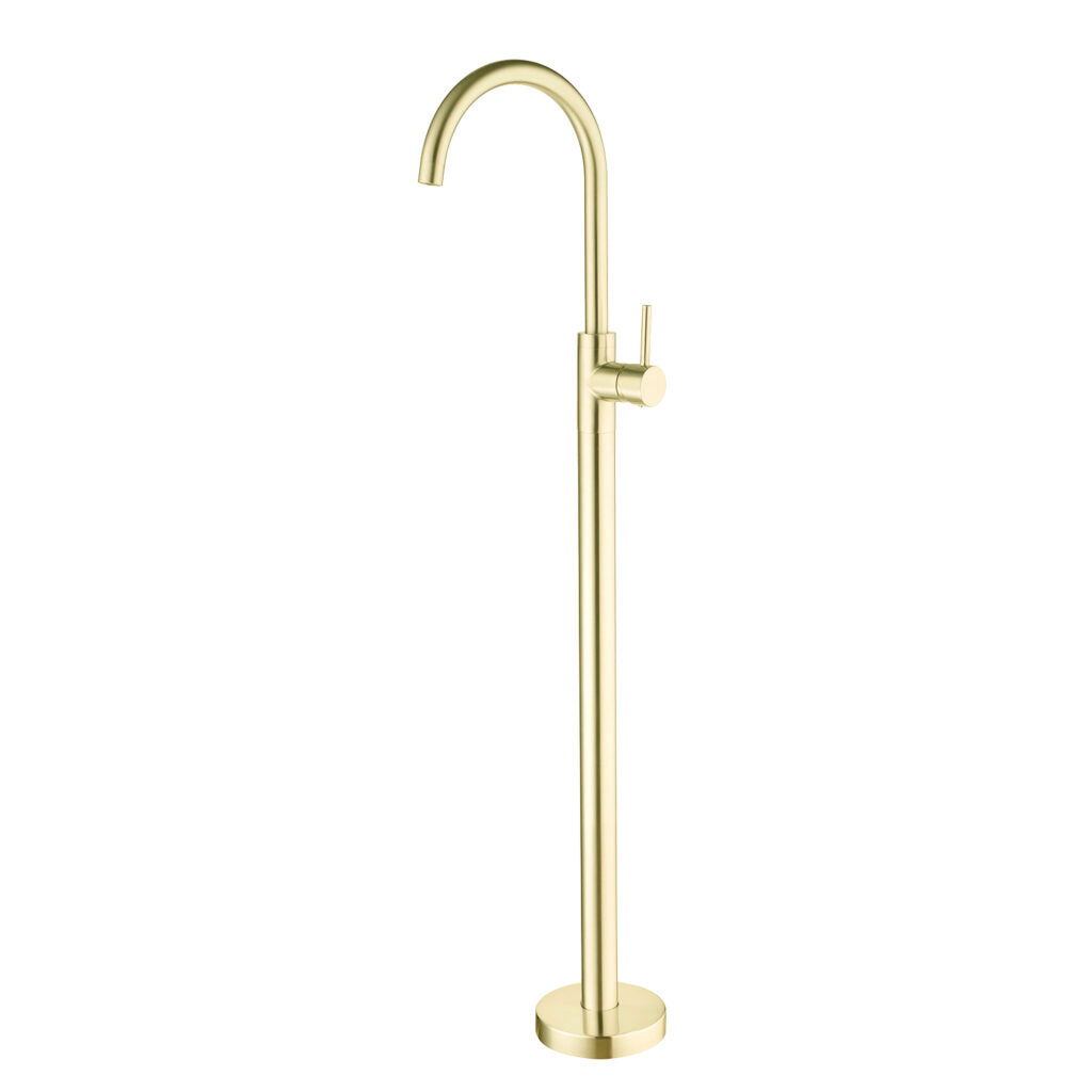 A brushed gold freestanding bath filler with a sleek, elegant design.