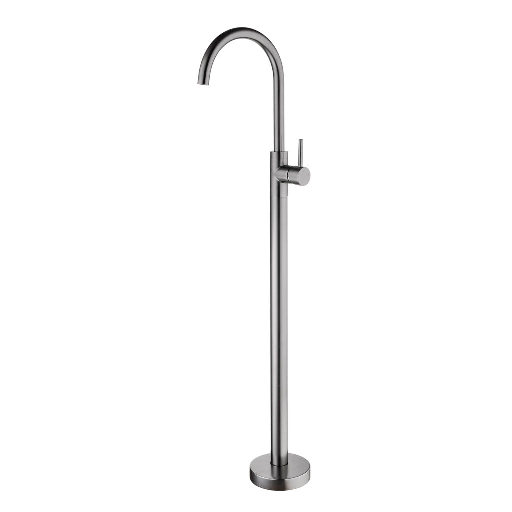 A freestanding, gun metal-colored bath filler with a sleek, modern design.