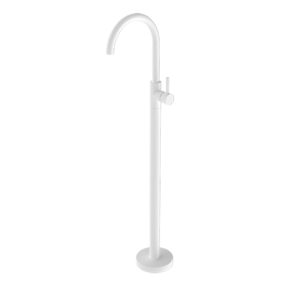 A matte white freestanding bath filler with a sleek, elegant design.