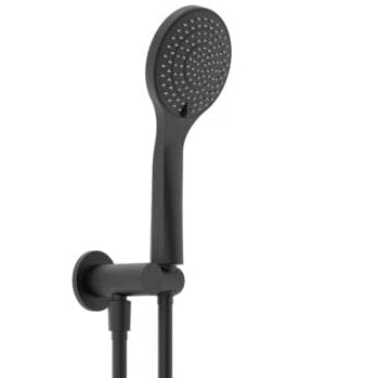 Matte black hand shower with a chrome-plated head and a sleek, black matte finish handle.