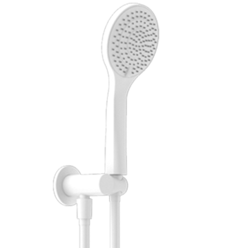 Matte white hand held round shower head on a bracket