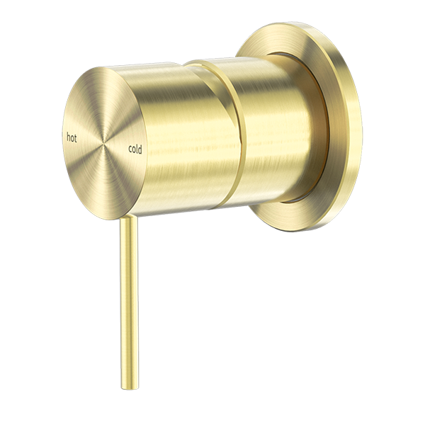 Brushed gold shower mixer with a minimalist design, featuring a cylindrical body and a single lever on top.