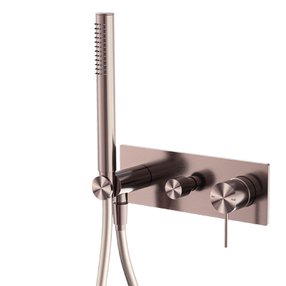 Brushed bronze shower mixer with diverter system, featuring a large overhead shower head, a smaller hand-held shower head, and a metallic finish.