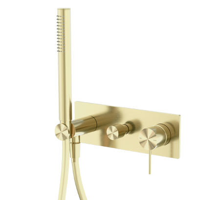 A brushed gold shower mixer with diverter system, featuring a large golden shower head and a smaller diverter nozzle, both set against a plain background.