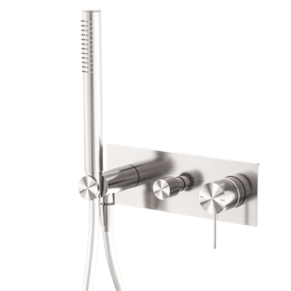 Brushed nickel shower mixer with diverter system, featuring a large overhead shower and a smaller hand-held showerhead.