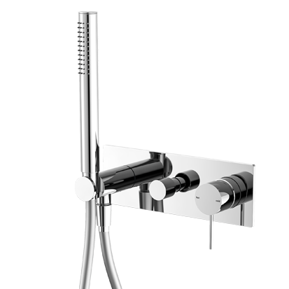 A silver Nero Mecca shower mixer diverter system with a large overhead shower and a smaller hand-held showerhead.