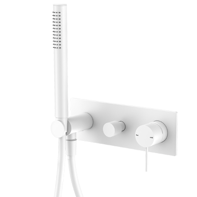 matte white hand held shower with diverter on a flush mount back plate