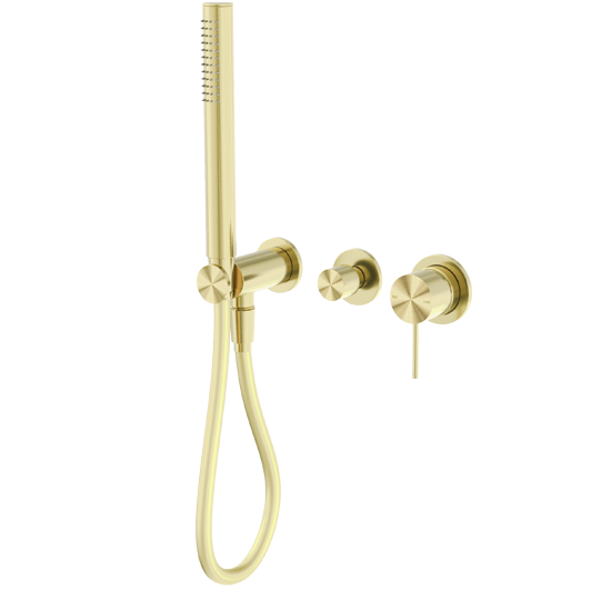 A brushed gold shower mixer with diverter system and a no backplate design.
