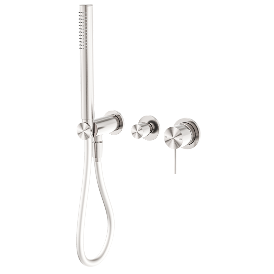 A brushed nickel shower mixer with diverter system, featuring a large overhead shower and a smaller secondary diverter, both with a sleek design.