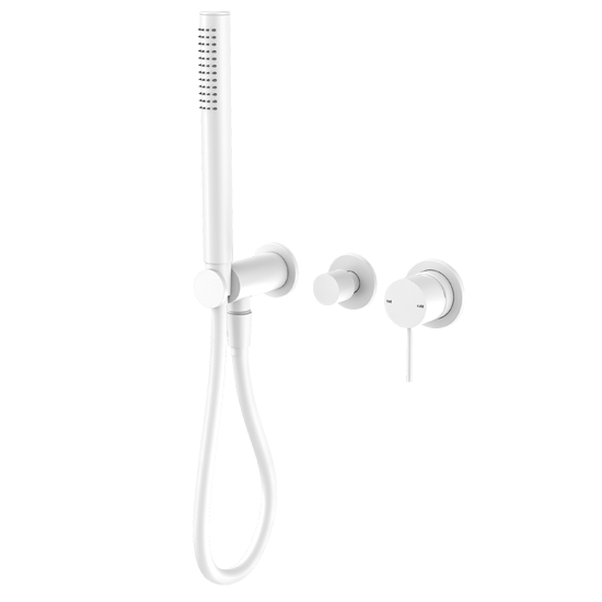 Matte white shower mixer with diverter system and a backplate-free design.