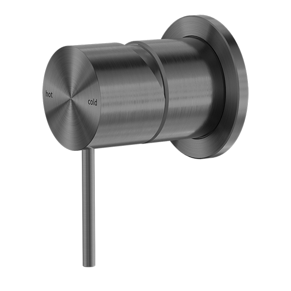 A gun metal shower mixer with a minimalist design, displaying the Nero brand marking.