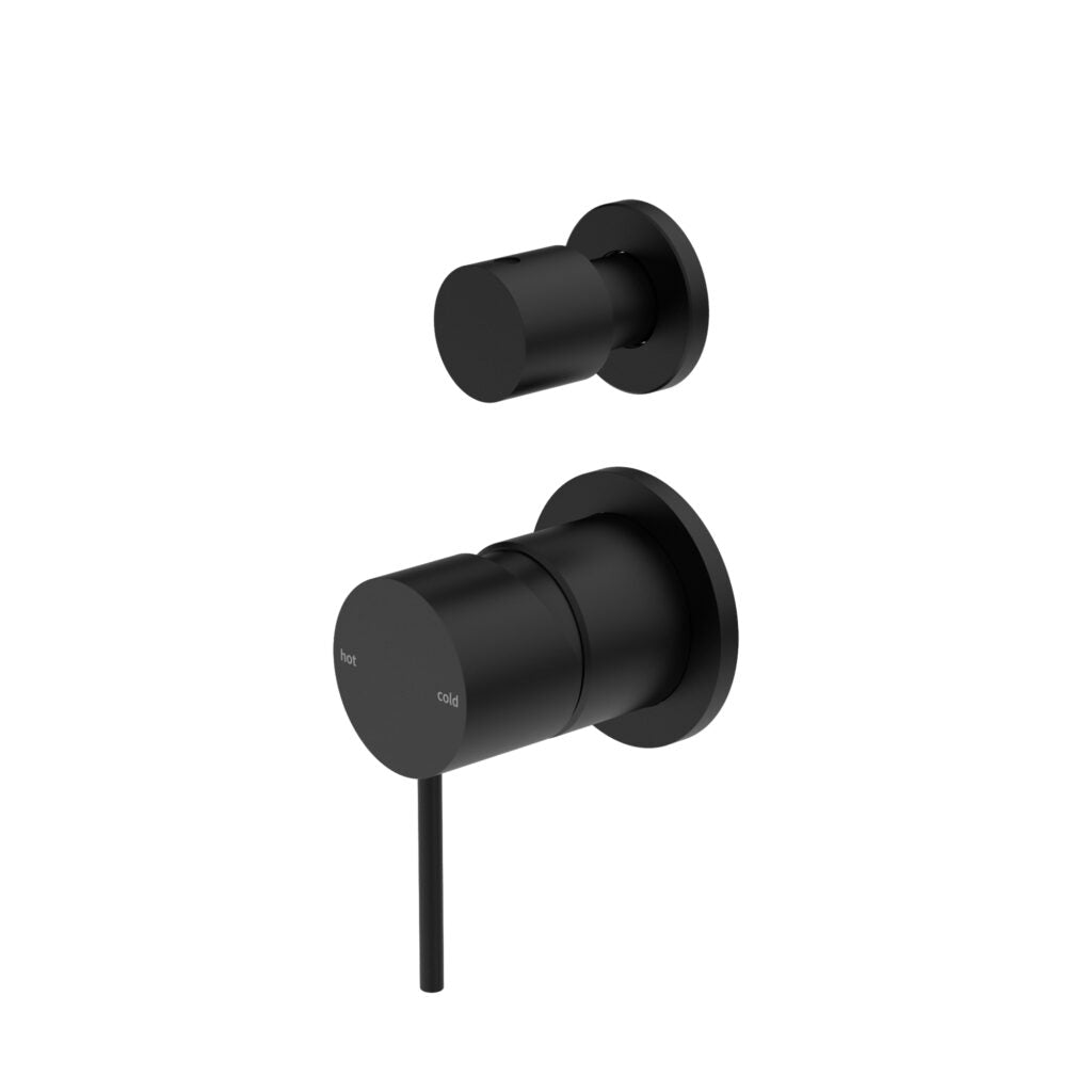 A wall-mounted bath and shower mixer with a diverter, in a matte black finish.