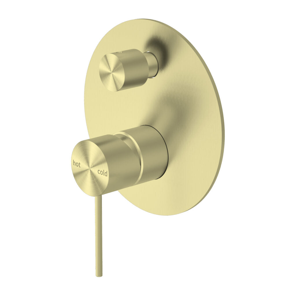 brushed gold mixer with push button diverter on a round backplate