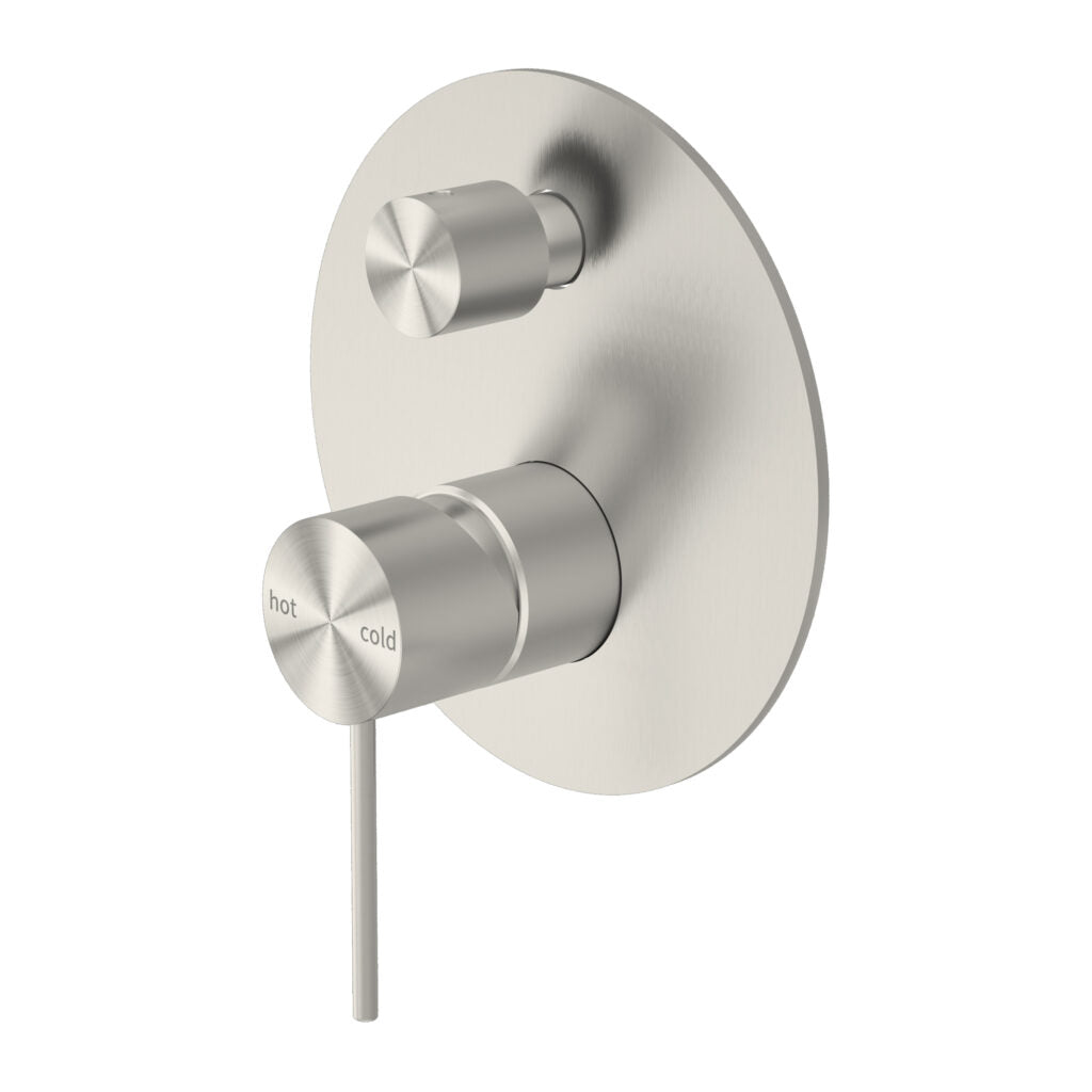 Brushed nickel shower mixer with diverter, featuring a circular design.