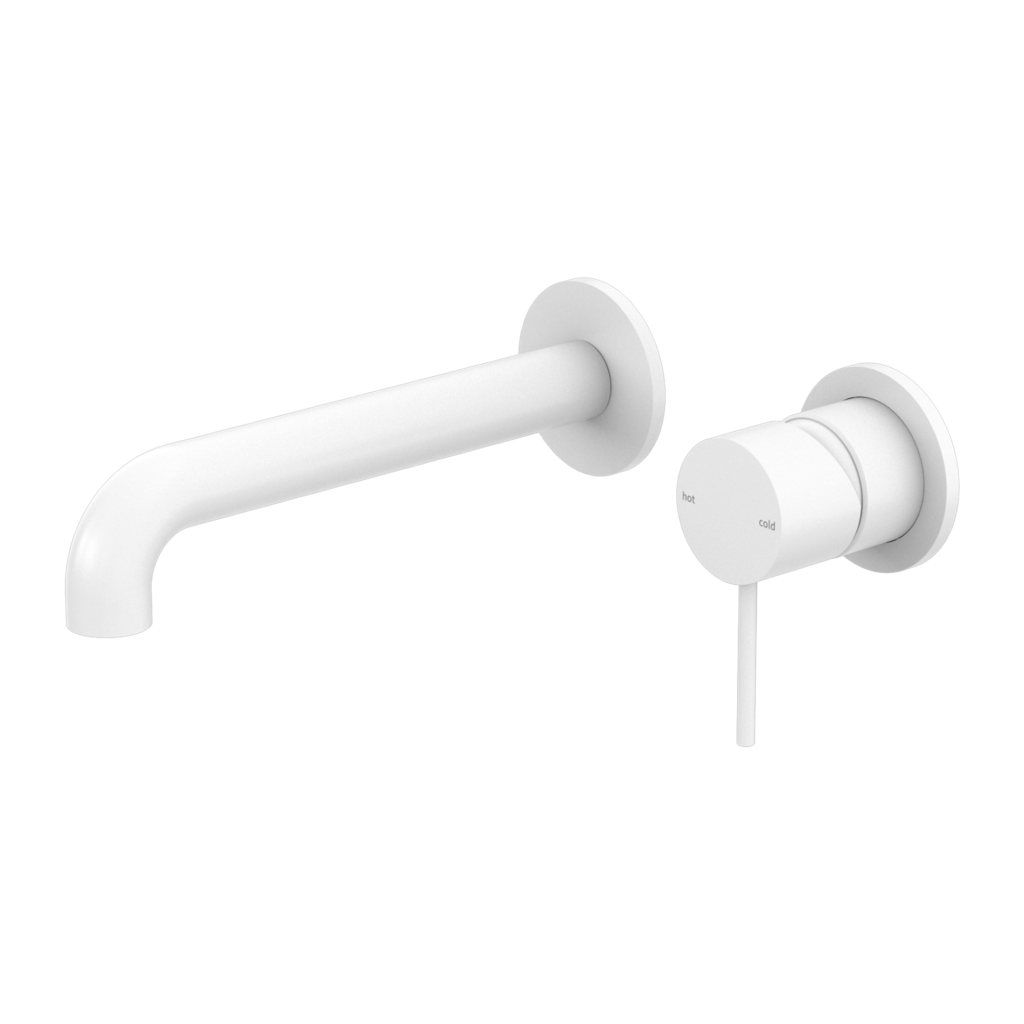 A matte white wall basin mixer set with a pin lever handle and spout, both in a gold finish.