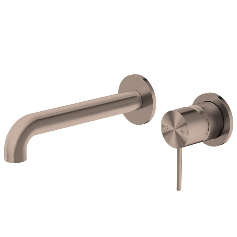 A brushed bronze wall basin mixer set with a pin lever handle and spout, both in a gold finish.