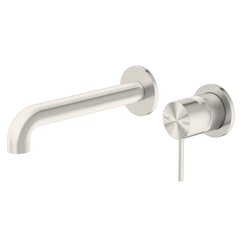 A brushed nickel wall basin mixer set with a pin lever handle and spout, both in a gold finish.
