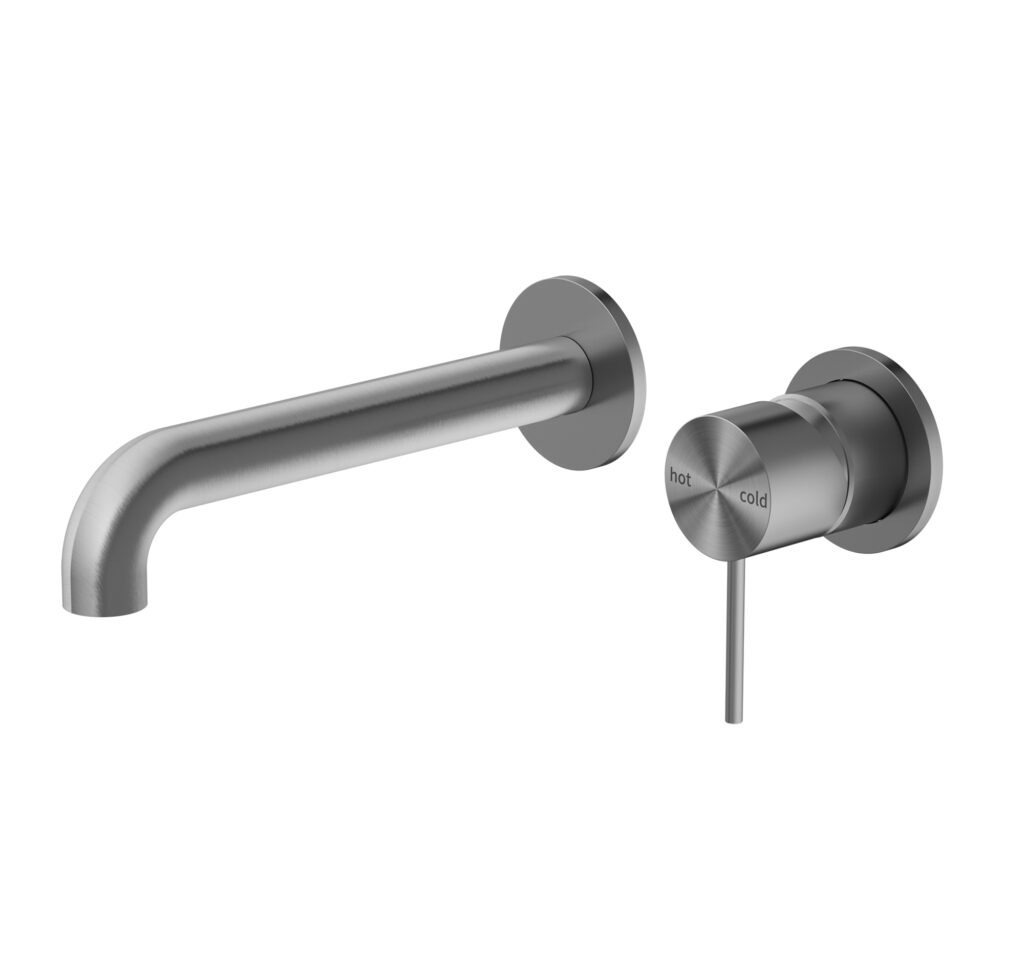 A wall-mounted basin mixer set with a gun metal finish, featuring a slim-line spout matching backplates and pin lever handle
