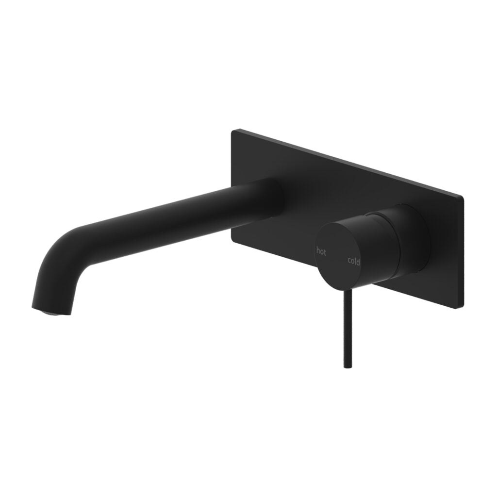 Matte black wall-mounted basin mixer set with a straight spout and a metal backplate.