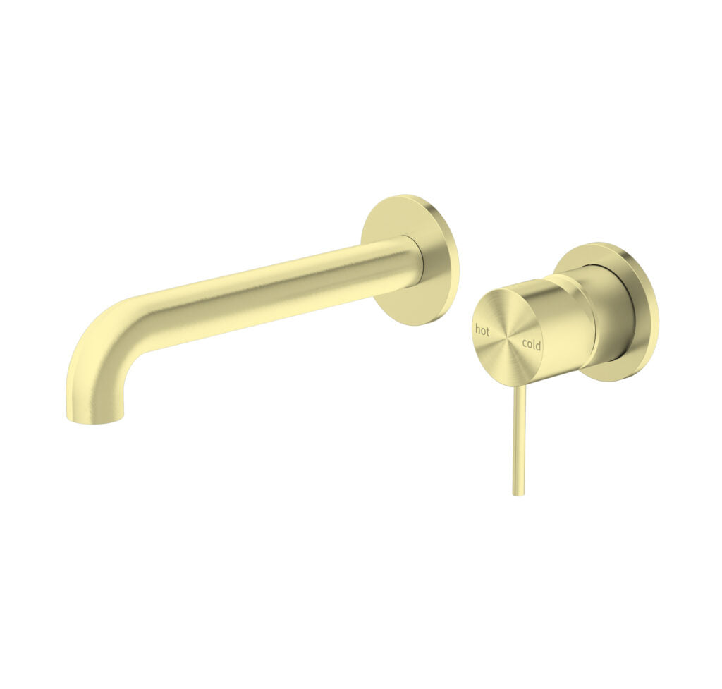 A brushed gold wall basin mixer set with a pin lever handle and spout, both in a gold finish.