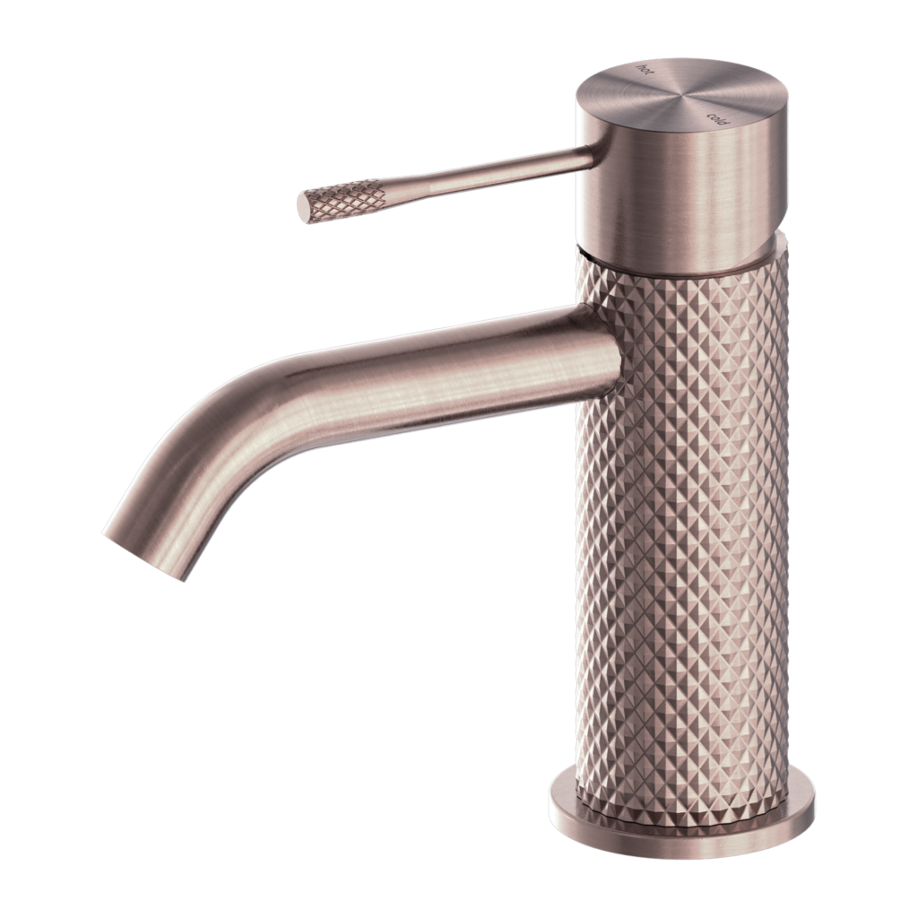 A brushed bronze basin mixer tap with a modern design and distinct knurling feature.