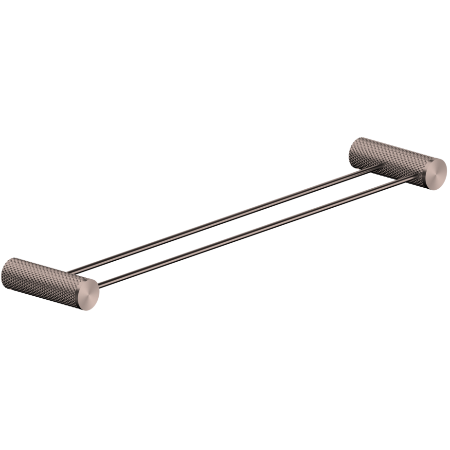 A 800mm brushed bronze double towel rail with a knurled design, part of Nero's product range.